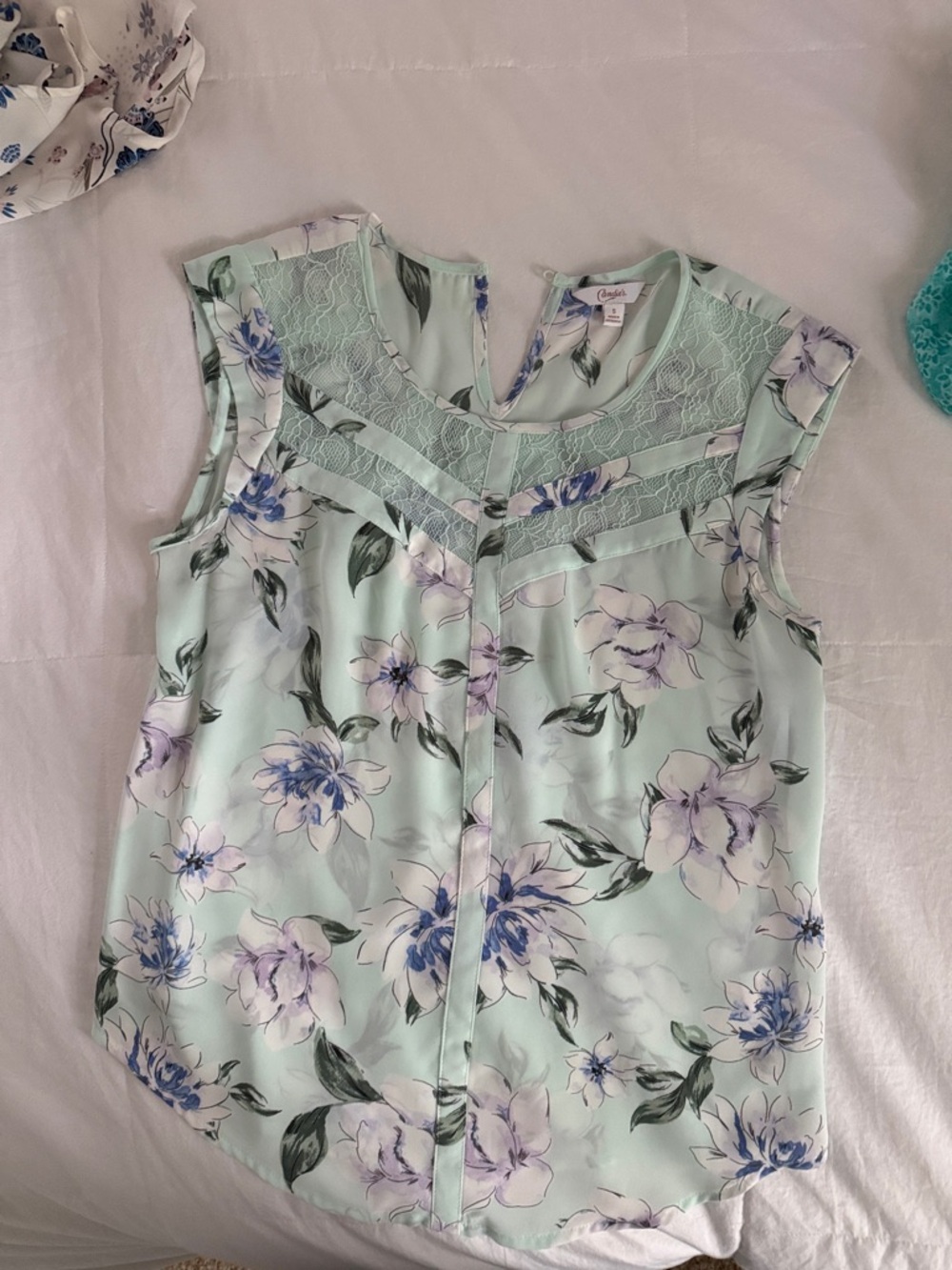 Candie's Mint Floral Lace-Yoke Sleeveless Blouse